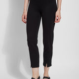 color=Black, front view, ankle-length pant with back flap pockets, fitted through hips and thigh, straight leg