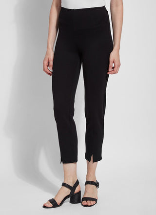 color=Black, front view, ankle-length pant with back flap pockets, fitted through hips and thigh, straight leg