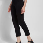 color=Black, front angle, ankle-length pant with back flap pockets, fitted through hips and thigh, straight leg