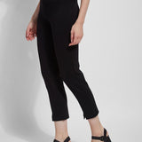 color=Black, front angle, ankle-length pant with back flap pockets, fitted through hips and thigh, straight leg