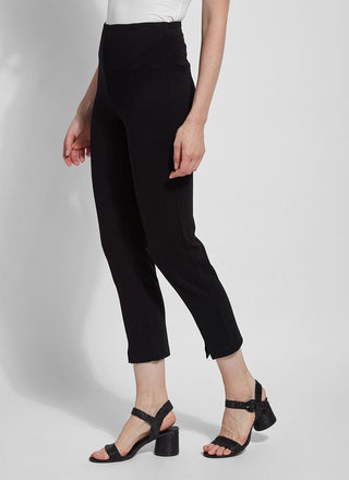 color=Black, front angle, ankle-length pant with back flap pockets, fitted through hips and thigh, straight leg