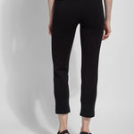 color=Black, back view, ankle-length pant with back flap pockets, fitted through hips and thigh, straight leg