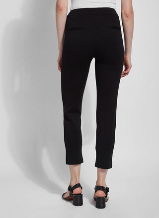color=Black, back view, ankle-length pant with back flap pockets, fitted through hips and thigh, straight leg