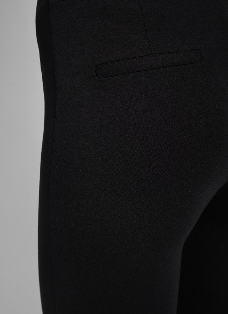 color=Black, back detail, ankle-length pant with back flap pockets, fitted through hips and thigh, straight leg