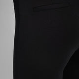color=Black, back detail, ankle-length pant with back flap pockets, fitted through hips and thigh, straight leg