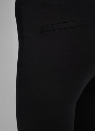 color=Black, back detail, ankle-length pant with back flap pockets, fitted through hips and thigh, straight leg