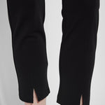 color=Black, ankle detail, ankle-length pant with back flap pockets, fitted through hips and thigh, straight leg