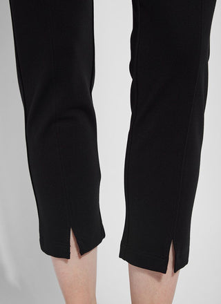 color=Black, ankle detail, ankle-length pant with back flap pockets, fitted through hips and thigh, straight leg