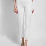 color=White, front view, ankle-length pant with back flap pockets, fitted through hips and thigh, straight leg