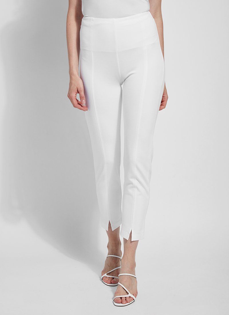 color=White, front view, ankle-length pant with back flap pockets, fitted through hips and thigh, straight leg