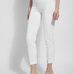 color=White, front angle, ankle-length pant with back flap pockets, fitted through hips and thigh, straight leg
