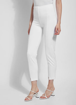 color=White, front angle, ankle-length pant with back flap pockets, fitted through hips and thigh, straight leg