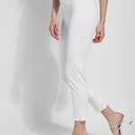 color=White, side view, ankle-length pant with back flap pockets, fitted through hips and thigh, straight leg