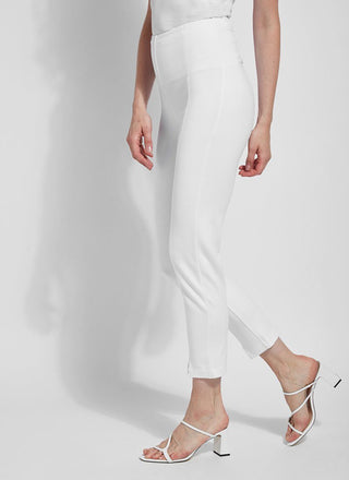 color=White, side view, ankle-length pant with back flap pockets, fitted through hips and thigh, straight leg