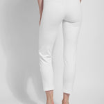 color=White, back view, ankle-length pant with back flap pockets, fitted through hips and thigh, straight leg