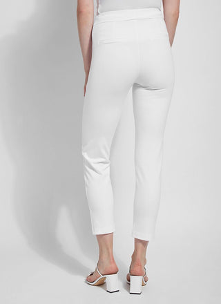 color=White, back view, ankle-length pant with back flap pockets, fitted through hips and thigh, straight leg