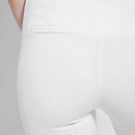 color=White, back detail, ankle-length pant with back flap pockets, fitted through hips and thigh, straight leg