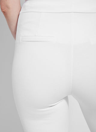 color=White, back detail, ankle-length pant with back flap pockets, fitted through hips and thigh, straight leg