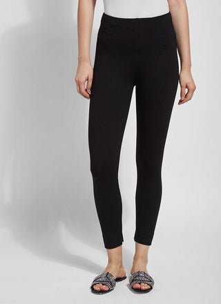 color=Black, leggings with one-piece construction, ankle slits and wide hem, featuring a slimming concealed comfort waistband