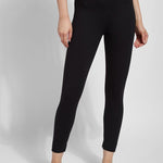 color=Black, front view, leggings with one-piece construction, ankle slits and wide hem, featuring a slimming concealed comfort waistband