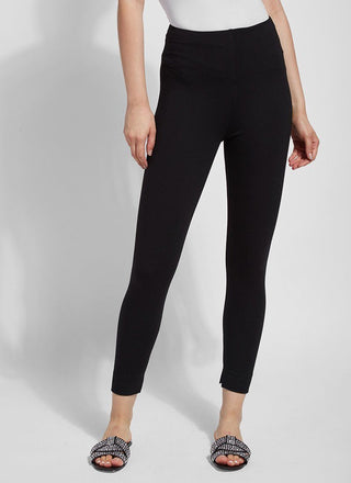 color=Black, front view, leggings with one-piece construction, ankle slits and wide hem, featuring a slimming concealed comfort waistband