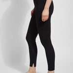color=Black, side, leggings with one-piece construction, ankle slits and wide hem, featuring a slimming concealed comfort waistband