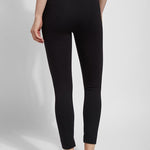 color=Black, back, leggings with one-piece construction, ankle slits and wide hem, featuring a slimming concealed comfort waistband