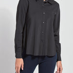 color=Black, front view, slim fit women’s button up shirt with curved hem, made with wrinkle resistant microfiber