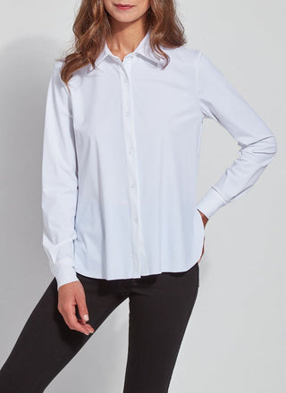 color=White, front view, slim fit women’s button up shirt with curved hem, made with wrinkle resistant microfiber