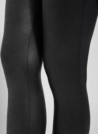 color=Black, knee detail, high waisted foiled vegan faux leather legging with slimming and smoothing comfort waistband 