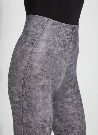 color=Distressed Grey, angled hip detail, high waisted foiled vegan faux leather legging with slimming and smoothing comfort waistband 