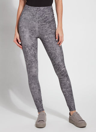 color=Distressed Grey, front view, high waisted foiled vegan faux leather legging with slimming and smoothing comfort waistband 