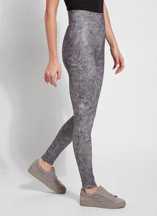 color=Distressed Grey, side view, high waisted foiled vegan faux leather legging with slimming and smoothing comfort waistband 