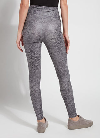 color=Distressed Grey, back view, high waisted foiled vegan faux leather legging with slimming and smoothing comfort waistband 