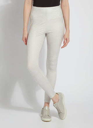 color=Pearl White, front view, high waisted foiled vegan faux leather legging with slimming and smoothing comfort waistband 