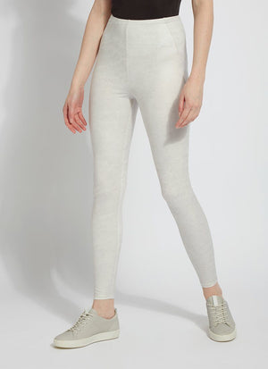color=Pearl White, front view, high waisted foiled vegan faux leather legging with slimming and smoothing comfort waistband 