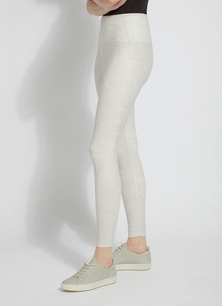color=Pearl White, side view, high waisted foiled vegan faux leather legging with slimming and smoothing comfort waistband 