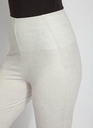 color=Pearl White, hip detail, high waisted foiled vegan faux leather legging with slimming and smoothing comfort waistband 