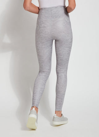 color=Pearl Grey, back view, high waisted foiled vegan faux leather legging with slimming and smoothing comfort waistband 