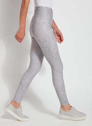 color=Pearl Grey, side view, high waisted foiled vegan faux leather legging with slimming and smoothing comfort waistband 