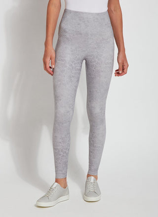 color=Pearl Grey, front view, high waisted foiled vegan faux leather legging with slimming and smoothing comfort waistband 