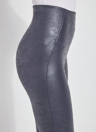 color=True Navy, side waist detail, high waisted foiled vegan faux leather legging with slimming and smoothing comfort waistband 