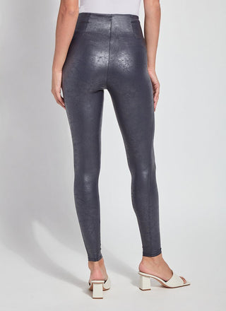 color=True Navy, back view, high waisted foiled vegan faux leather legging with slimming and smoothing comfort waistband 