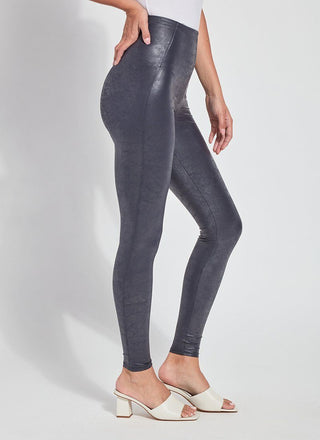 color=True Navy, side view, high waisted foiled vegan faux leather legging with slimming and smoothing comfort waistband 