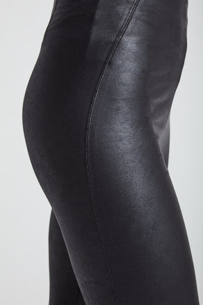 color=Black, side detail, high waisted foiled vegan faux leather legging with slimming and smoothing comfort waistband 