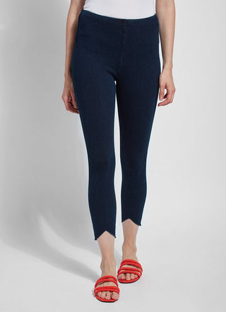 color=Indigo, front view, body hugging women’s denim jean legging and concealed smoothing comfort waistband, perfect jegging