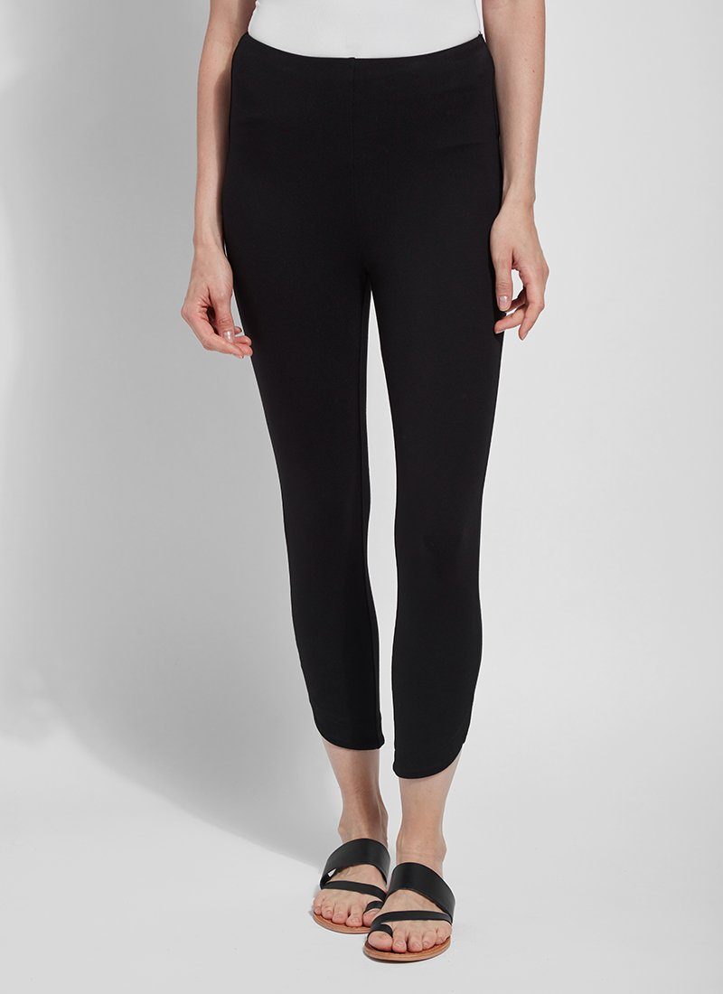 color=Black, Front view of black  ponte Jasmyne Crop Legging, petal-hem detailing with concealed patented waistband