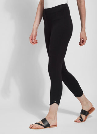 color=Black, Front angled view of black ponte Jasmyne Crop Legging, petal-hem detailing with concealed patented waistband