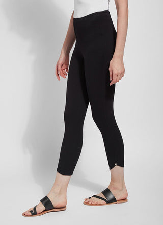 color=Black, Side view of black  ponte Jasmyne Crop Legging, petal-hem detailing with concealed patented waistband