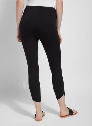 color=Black, Rear view of black  ponte Jasmyne Crop Legging, petal-hem detailing with concealed patented waistband